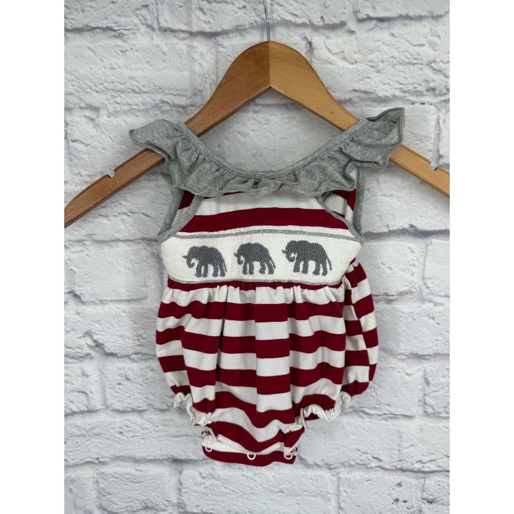 Baby Girl Elephant Smocked Striped Romper Red Gray 3M Bow Back Alabama Roll Tide